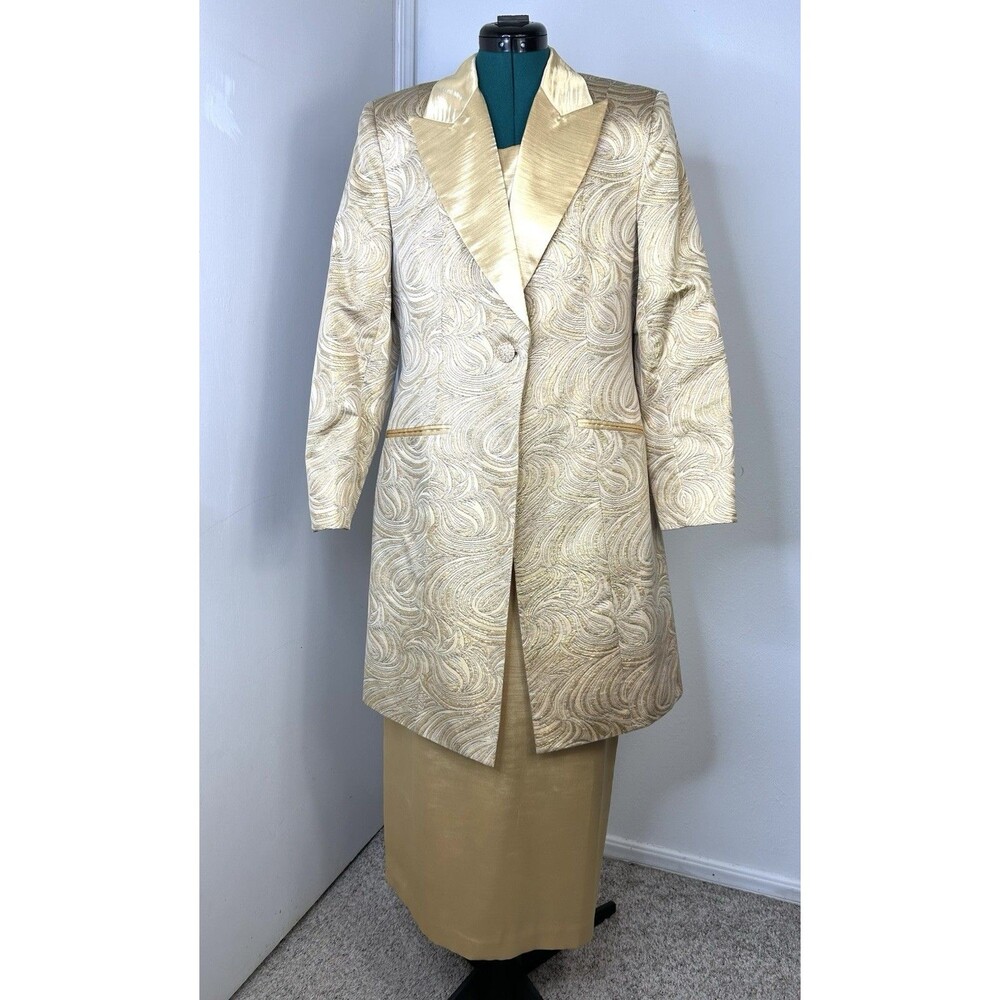 NUBIANO NEW YORK Gold Textured Long Blazer Top And Skirt Women’s Size 8 Glam